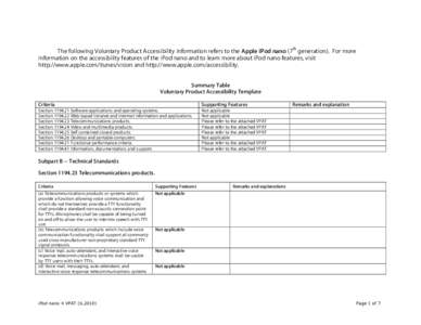 The following Voluntary Product Accessibility information refers to the Apple iPod nano (7th generation). For more information on the accessibility features of the iPod nano and to learn more about iPod nano features, vi