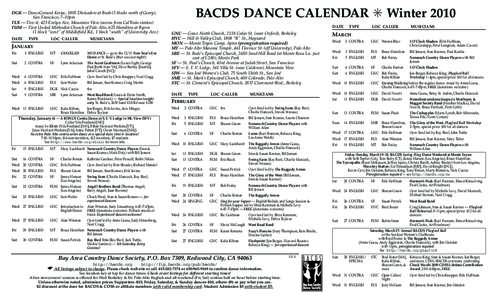 DGK — DanceGround Keriac, 1805 Divisadero at Bush (3 blocks north of Geary), San Francisco, 7–10pm FLX — Flex-it, 425 Evelyn Ave, Mountain View (across from CalTrain station) FUM — First United Methodist Church o