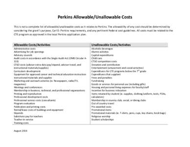 Perkins Allowable/Unallowable Costs This is not a complete list of allowable/unallowable costs as it relates to Perkins. The allowability of any cost should be determined by considering the grant’s purpose, Carl D. Per