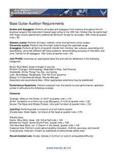 Bass Guitar Audition Requirements Scales and Arpeggios: Perform all scales and arpeggios from memory throughout the full practical range of the instrument (lowest open string to the 19th fret). Scales may be performed wi