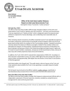 OFFICE OF THE  UTAH STATE AUDITOR News Release For Immediate Release July 20, 2016