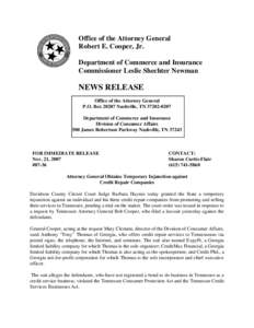 Office of the Attorney General Robert E. Cooper, Jr. Department of Commerce and Insurance Commissioner Leslie Shechter Newman  NEWS RELEASE