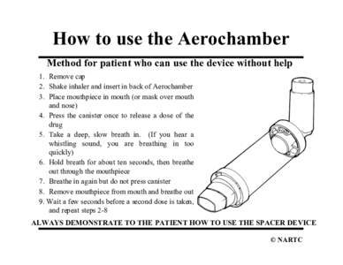 How to use the Aerochamber Method for patient who can use the device without help 1. Remove cap 2. Shake inhaler and insert in back of Aerochamber 3. Place mouthpiece in mouth (or mask over mouth and nose)