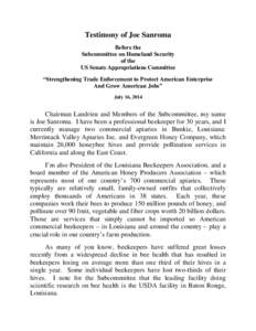 Testimony of Joe Sanroma Before the Subcommittee on Homeland Security of the US Senate Appropriations Committee “Strengthening Trade Enforcement to Protect American Enterprise