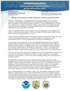 PRESS RELEASE FOR IMMEDIATE RELEASE September 9, 2014 CONTACTS Deborah Ward (DLNR[removed]