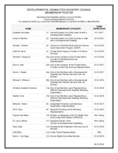 DEVELOPMENTAL DISABILITIES ADVISORY COUNCIL MEMBERSHIP ROSTER Developmental Disabilities Advisory Council (DDAC) Arizona Revised Statutes § [removed]To contact the DDAC you may email [removed] or call[removed]or