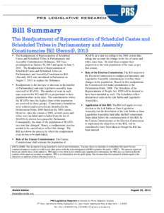 Bill Summary The Readjustment of Representation of Scheduled Castes and Scheduled Tribes in Parliamentary and Assembly Constituencies Bill (Second), 2013  The Readjustment of Representation of Scheduled Castes and Sch