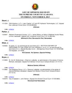 LIST OF OPINIONS ISSUED BY THE SUPREME COURT OF ALABAMA ON FRIDAY, NOVEMBER 8, 2013 Stuart, J[removed]CNH America, LLC v. Ligon Capital, LLC and HTI Hydraulic Technologies, LLC (Appeal from Jefferson Circuit Court: CV-0
