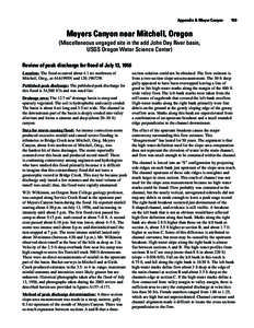 Appendix A: Meyer Canyon   159  Meyers Canyon near Mitchell, Oregon (Miscellaneous ungaged site in the add John Day River basin, USGS Oregon Water Science Center) Review of peak discharge for flood of July 13, 1956