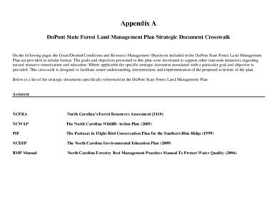 Appendix A DuPont State Forest Land Management Plan Strategic Document Crosswalk On the following pages the Goals/Desired Conditions and Resource Management Objectives included in the DuPont State Forest Land Management 