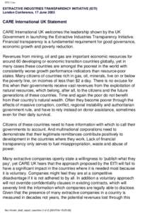 EITI: Care  EXTRACTIVE INDUSTRIES TRANSPARENCY INITIATIVE (EITI) London Conference, 17 June[removed]CARE International UK Statement