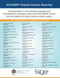 ACS NSQIP ® Hospital Compare Reporting Congratulations to the following hospitals who volunteered to publically report their ACS NSQIP results and are leading the way to better surgical quality. T H E S E A C S N S Q I 