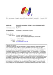 27th Australasian Transport Research Forum, Adelaide, 29 September – 1 October[removed]Paper title: Author(s) name(s):  Measuring the economic benefits of travel behavioural change