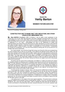 Speech By  Verity Barton MEMBER FOR BROADWATER  Record of Proceedings, 20 May 2014