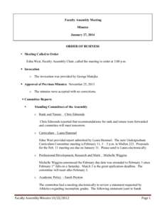 Faculty Assembly Meeting Minutes January 27, 2014 ORDER OF BUSINESS • Meeting Called to Order