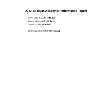 [removed]Texas Academic Performance Report District Name: GALENA PARK ISD Campus Name: JACINTO CITY EL Campus Number: [removed]Accountability Rating: Met Standard