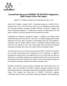 CounterPath  CounterPath Receives INTERNET TELEPHONY® Magazine’s