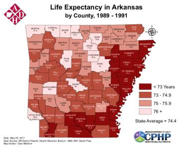 Life Expectancy in Arkansas by County, [removed]CARROLL 76