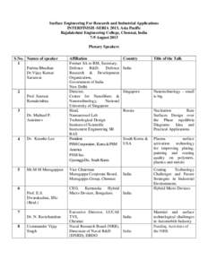 Surface Engineering For Research and Industrial Applications INTERFINISH -SERIA 2013, Asia Pacific Rajalakshmi Engineering College, Chennai, India 7-9 August 2013 Plenary Speakers S.No. Names of speaker