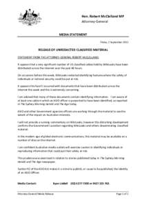 Hon. Robert McClelland MP Attorney-General MEDIA STATEMENT Friday, 2 September 2011