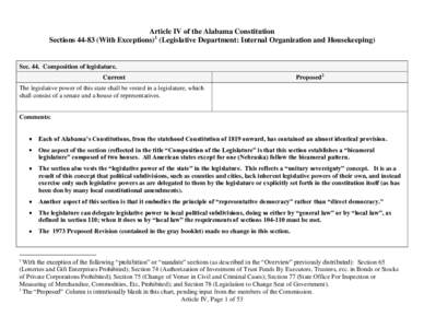 Article IV of the Alabama Constitution Sections[removed]With Exceptions)1 (Legislative Department: Internal Organization and Housekeeping) Sec. 44. Composition of legislature. Current