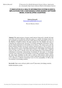 Roberta Bernardi  IT Innovation In a Health Information System in Kenya: Implications for a Sustainable Open-Source Software Model in Developing Countries  IT INNOVATION IN A HEALTH INFORMATION SYSTEM IN KENYA: