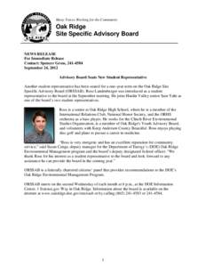 Many Voices Working for the Community  Oak Ridge Site Specific Advisory Board  NEWS RELEASE