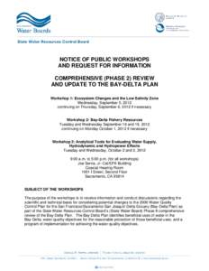 NOTICE OF PUBLIC WORKSHOPS AND REQUEST FOR INFORMATION COMPREHENSIVE (PHASE 2) REVIEW AND UPDATE TO THE BAY-DELTA PLAN Workshop 1: Ecosystem Changes and the Low Salinity Zone Wednesday, September 5, 2012