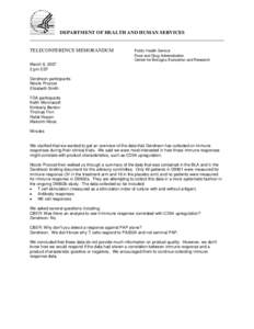 DEPARTMENT OF HEALTH AND HUMAN SERVICES ______________________________________________________________________________ TELECONFERENCE MEMORANDUM Public Health Service Food and Drug Administration