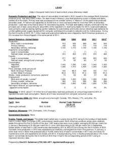 90  LEAD (Data in thousand metric tons of lead content unless otherwise noted) Domestic Production and Use: The value of recoverable mined lead in 2012, based on the average North American producer price, was about $843 