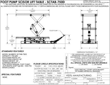 FOOT PUMP SCISOR LIFT TABLE - SCTAB-750D  APPROX WEIGHT: [removed]lbs. DOES NOT INCLUDE WEIGHT OF POWER OR PACKAGING!!!