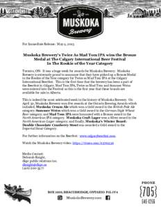 Microsoft Word - News Release Twice As Mad Tom IPA wins Bronze Award at Calgary Brewfest 2013.docx