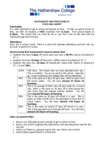 ATTENDANCE AND PUNCTUALITY Every day counts! Punctuality It is really important to get to school and lessons on time. To help you get to school on time, we offer all students a FREE breakfast from 8.15am. Form period beg