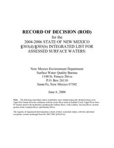RECORD OF DECISION (ROD) for the[removed]STATE OF NEW MEXICO §303(d)/§305(b) INTEGRATED LIST FOR ASSESSED SURFACE WATERS: