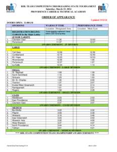 RIIL TEAM COMPETITION CHEERLEADING STATE TOURNAMENT Saturday, March 15, 2014 PROVIDENCE CAREER & TECHNICAL ACADEMY ORDER OF APPEARANCE Updated[removed]