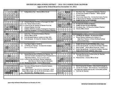 SOUDERTON AREA SCHOOL DISTRICT ­­ 2014­2015 SCHOOL YEAR CALENDAR Approved by School Board on December 19, [removed]