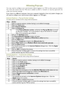 Allowing Pop-ups You may need to configure your web browser before logging in to TRO to allow pop-up windows. You must also ensure that the TRO site is added as either a ‘trusted’ or ‘security approved’ site unde