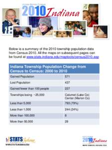 Below is a summary of the 2010 township population data from CensusAll the maps on subsequent pages can be found at www.stats.indiana.edu/maptools/census2010.asp Indiana Township Population Change from Census to C