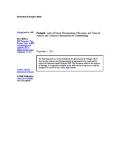 Portugal:  Letter of Intent, Memorandum of Economic and Financial Policies, and Technical Memorandum of Understanding; September 1, 2011