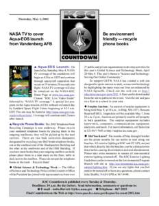 Thursday, May 2, 2002  NASA TV to cover Aqua-EOS launch from Vandenberg AFB