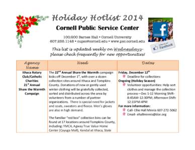 Holiday Hotlist 2014 Cornell Public Service Center[removed]Barnes Hall • Cornell University[removed] • [removed] • www.psc.cornell.edu  	
  