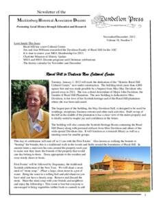 Newsletter of the  Mecklenburg Historical Association Docents Promoting Local History through Education and Research  November/December, 2012