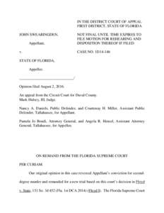 IN THE DISTRICT COURT OF APPEAL FIRST DISTRICT, STATE OF FLORIDA JOHN SWEARINGDEN, Appellant, v.