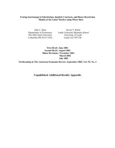 Testing Intertemporal Substitution, Implicit Contracts, and Hours Restriction Models of the Labor Market using Micro Data John C. Ham Department of Economics The Ohio State University