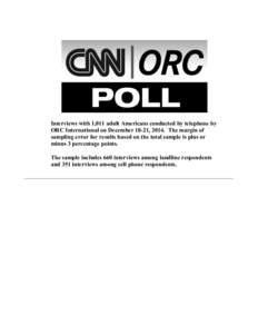 Interviews with 1,011 adult Americans conducted by telephone by ORC International on December 18-21, 2014. The margin of sampling error for results based on the total sample is plus or minus 3 percentage points. The samp