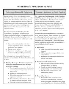 FATHERHOOD PROGRAMS FUNDED Pathways to Responsible Fatherhood Temporary Assistance for Needy Families  Recent research shows that children do better