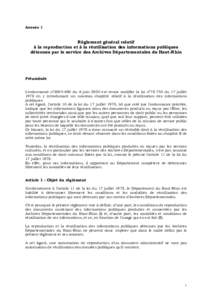 Annexe 1  Règlement général relatif à la reproduction et à la réutilisation des informations publiques détenues par le service des Archives Départementales du Haut-Rhin