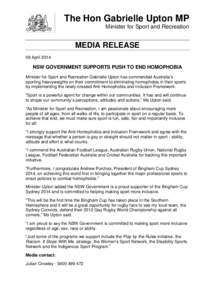 The Hon Gabrielle Upton MP Minister for Sport and Recreation MEDIA RELEASE 09 April 2014