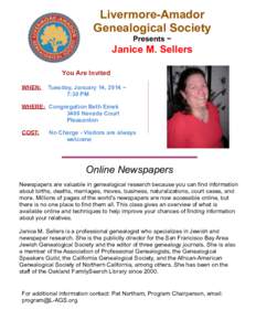 Livermore-Amador Genealogical Society Presents ~ Janice M. Sellers You Are Invited