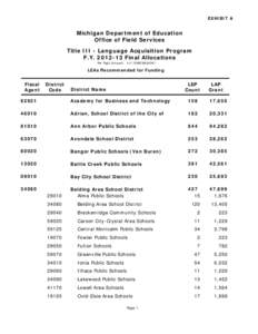 EXHIBIT A  Michigan Department of Education Office of Field Services Title III - Language Acquisition Program F.Y[removed]Final Allocations
